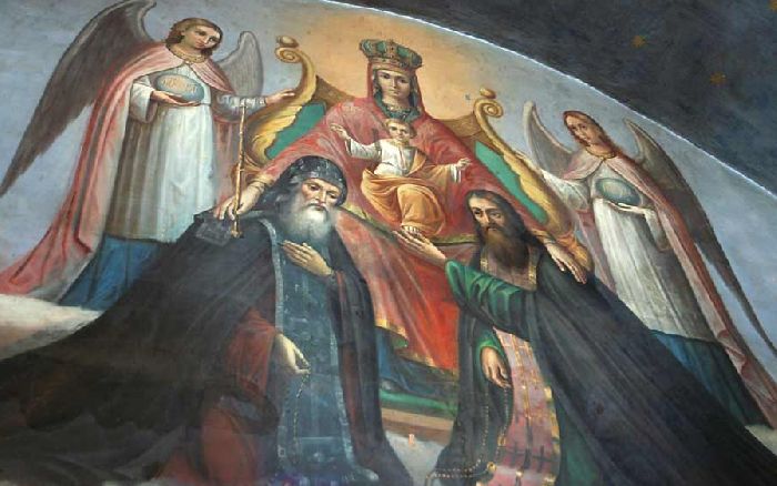 Kiev - Affresco raffigurante la Madre di Dio delle Grotte con i santi Antonio e Teodosio