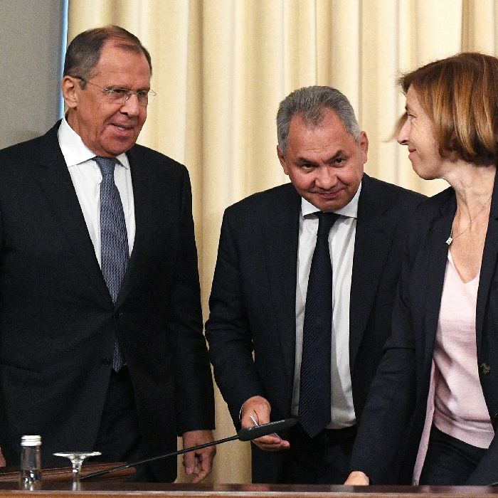 Sergej Lavrov, Sergej Shojgu e Florence Parly al Consiglio russo-francese a Mosca nel 2019. © Sputnik. Maksim Blinov. 