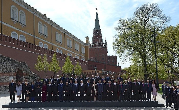 Mosca - Cremlino. Vladimir Putin con i capi di Stato e i leader dei Paesi presenti alla Parata della Vittoria