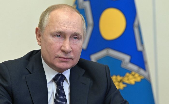 Novo Ogaryovo – Il presidente Vladimir Putin durante la sessione del Consiglio di sicurezza collettiva della Csto (in videoconferenza).