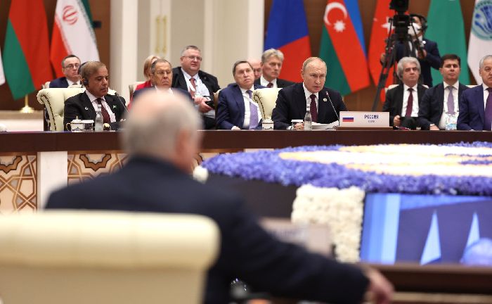 Samarcanda – Vladimir Putin durante la riunione del Consiglio dei Capi di Stato della SCO nel formato allargato. Foto: TASS.